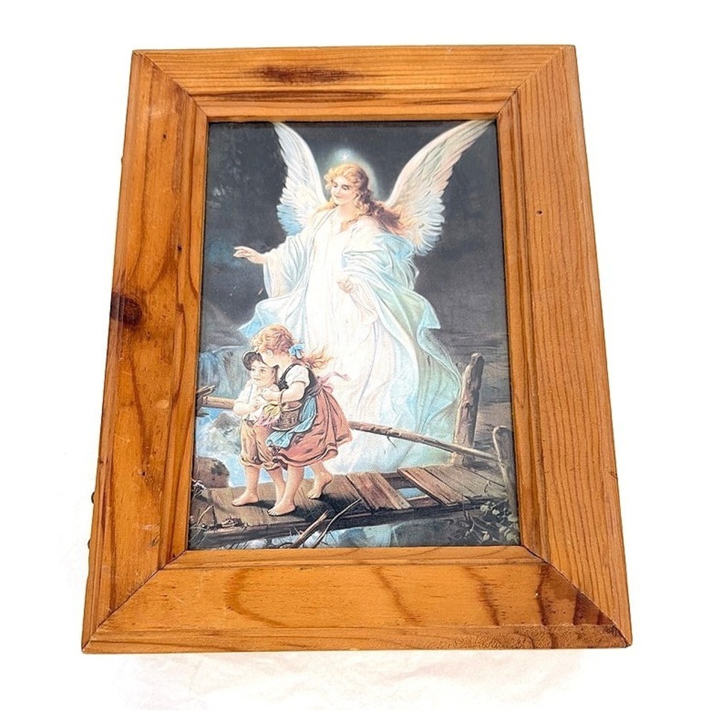 Wood Keepsake Trinket Box Guardian Angel Print Religious Folk Art VTG Decor